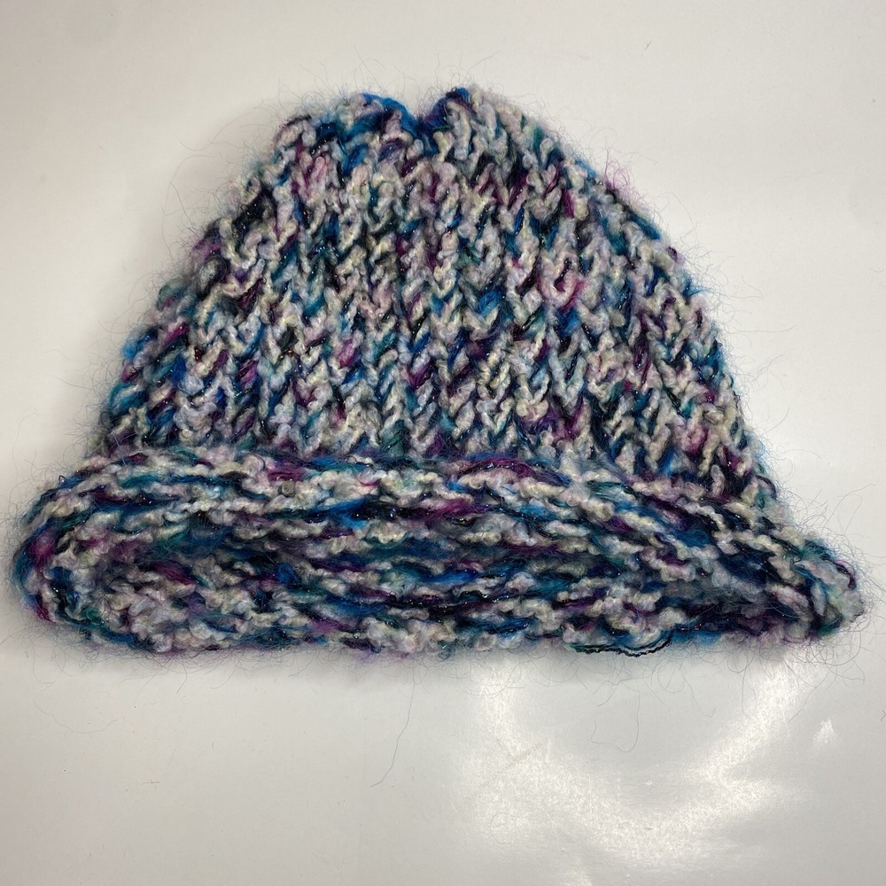 Hand Knit Winter Hat Cap Beanie Handmade Artsy Shimmer Blue Purple Warm Women